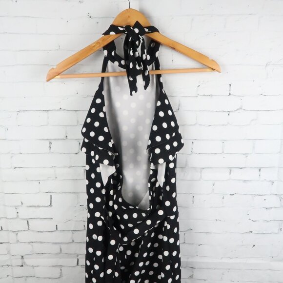 BEBE BLACK & WHITE POLKA DOT HIGH NECK HALTER RUFFLE WIDE LEG JUMPSUIT SIZE 10 - Picture 8 of 10